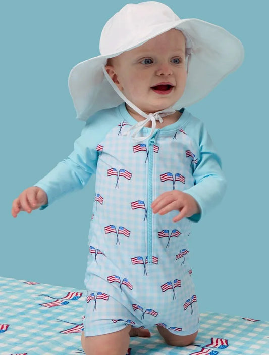 Fourth of July Boys Gingham Patriotic Long Sleeve One Piece Swimsuit