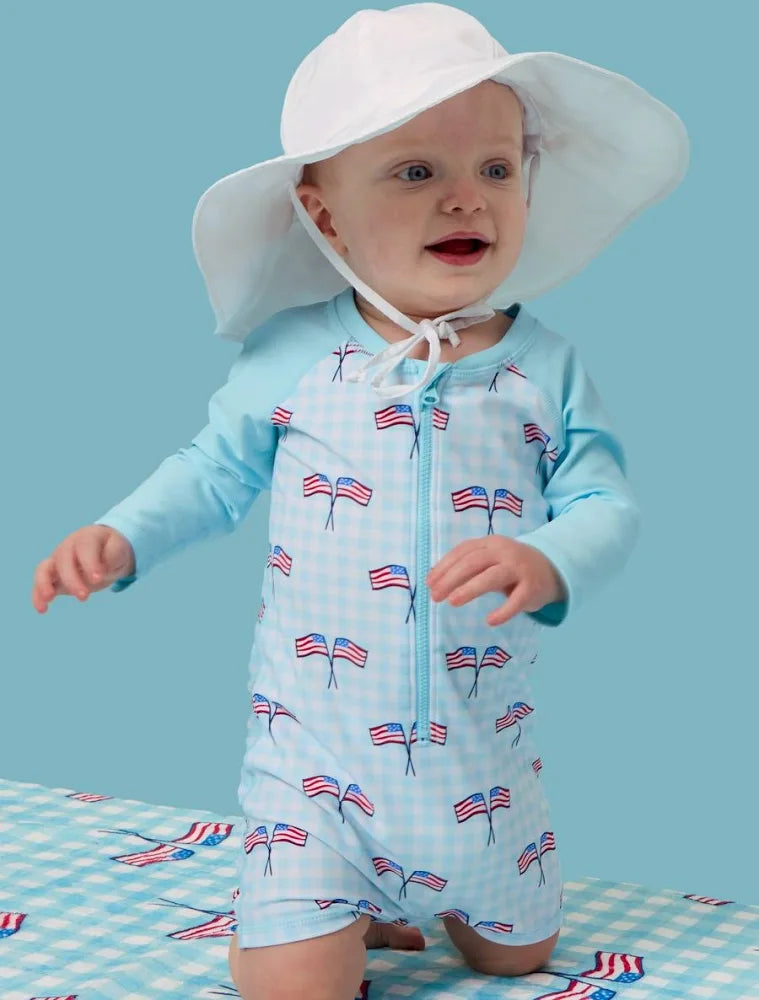 Fourth of July Boys Gingham Patriotic Long Sleeve One Piece Swimsuit