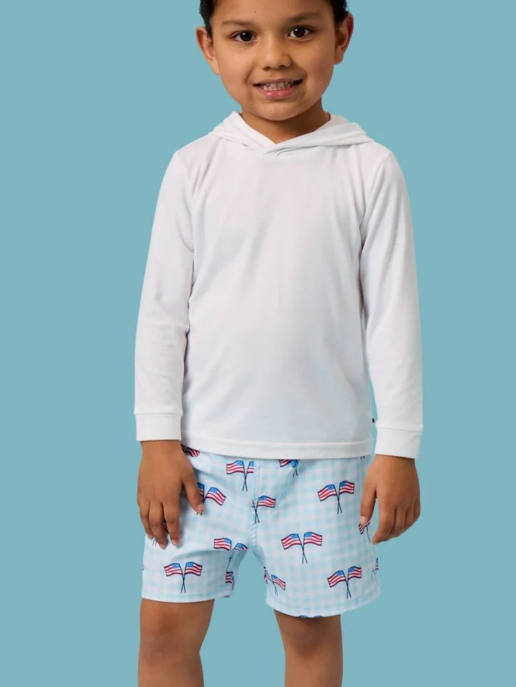 Fourth of July Boys Gingham Patriotic Hybrid Swim Trunks