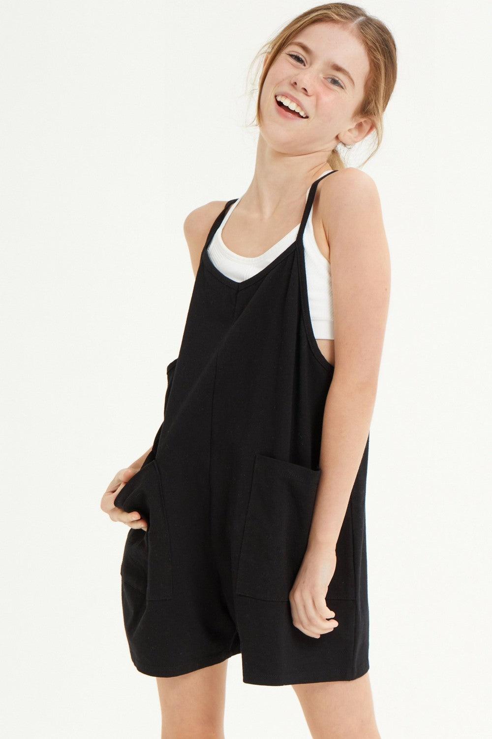 Good Girl Black Two Pocket Cotten Overall Romper