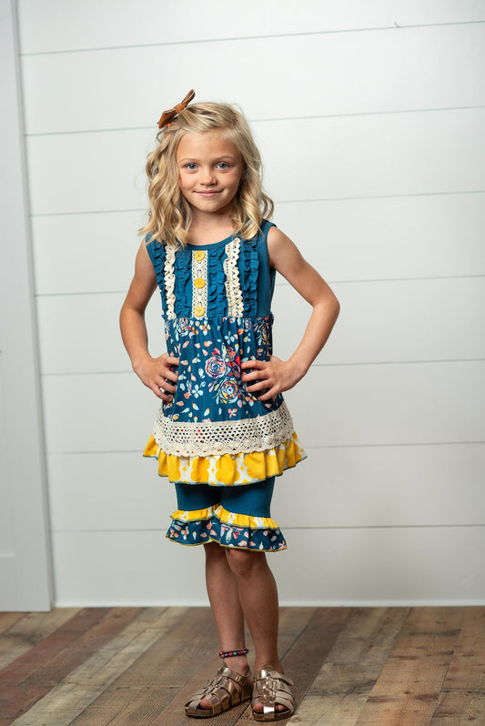 Adorable Sweetness Deep Blue & Mustard Floral Set