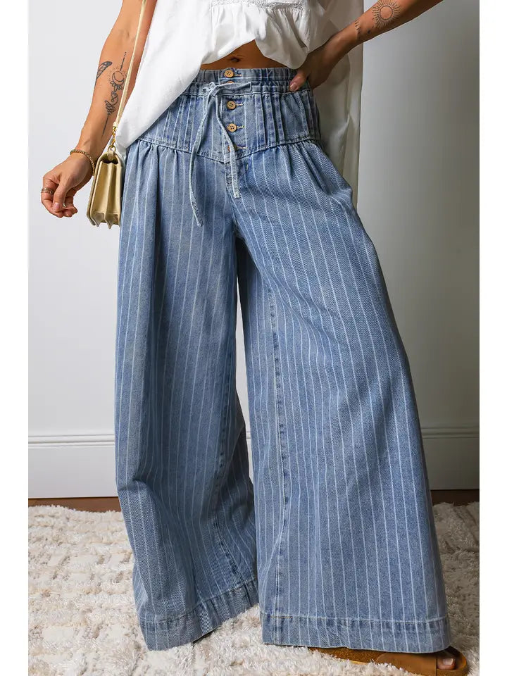 Striped Drawstring Waist Wide Leg Wide Leg Jeans