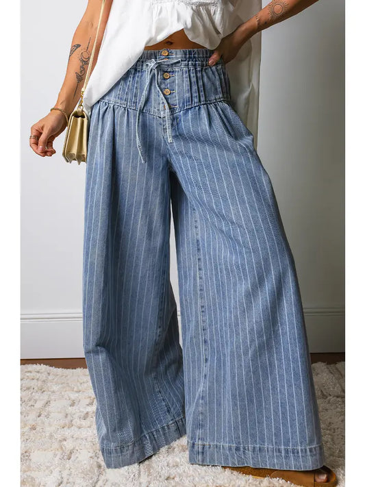 Striped Drawstring Waist Wide Leg Wide Leg Jeans