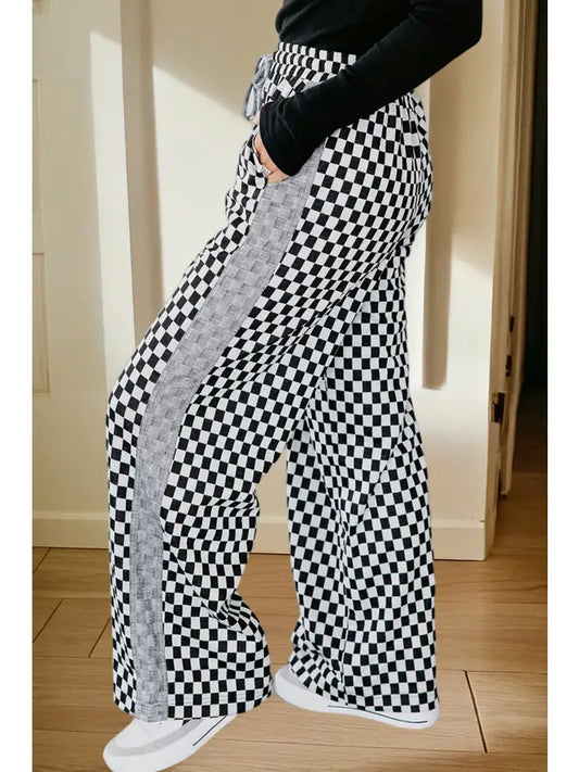Checkerboard Drawstring Waist Casual Pants