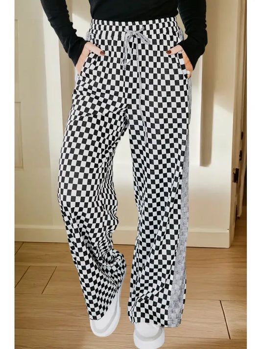 Checkerboard Drawstring Waist Casual Pants