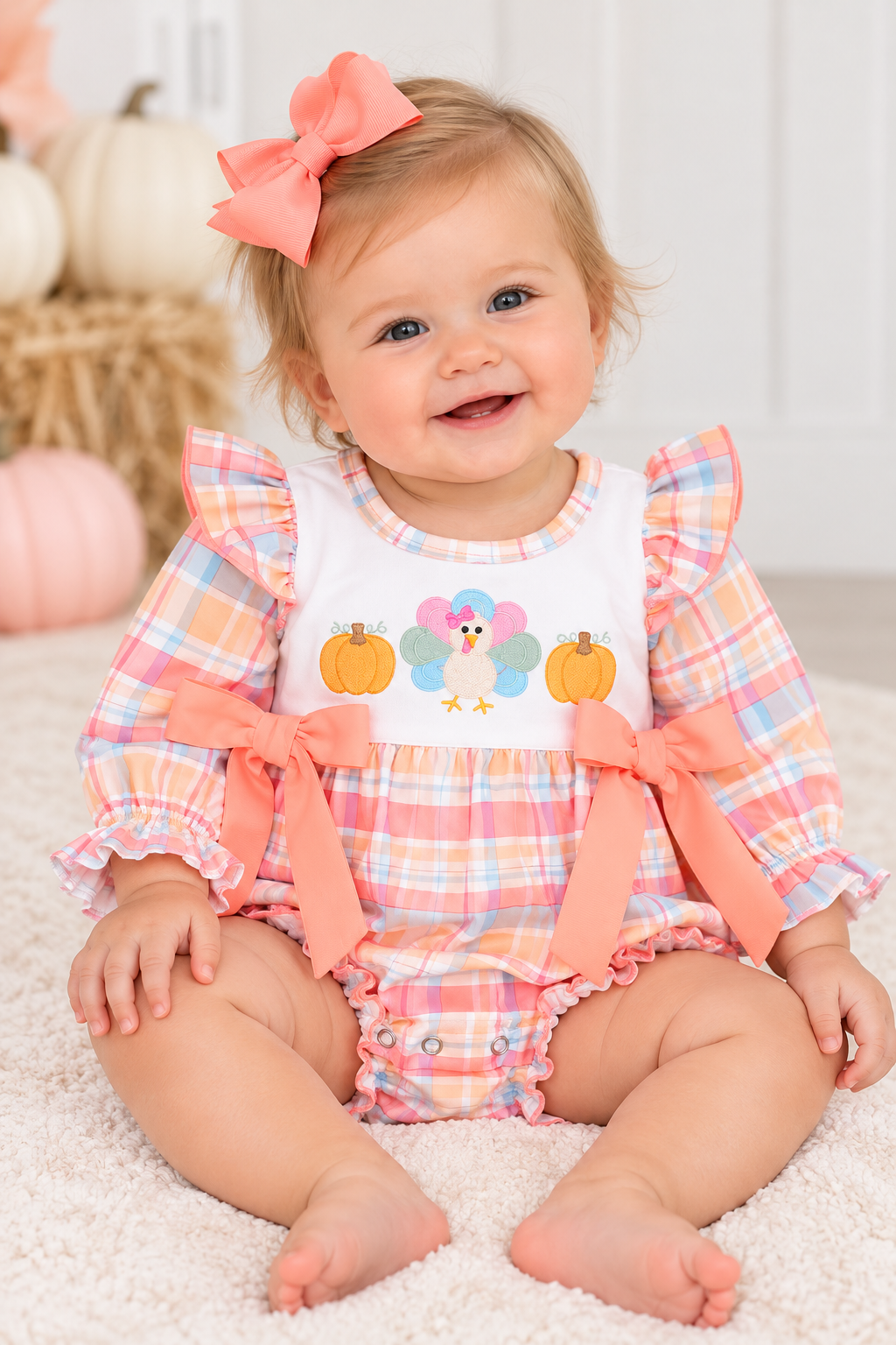 Thankful Pumpkin Plaid Bow Embroidered Romper