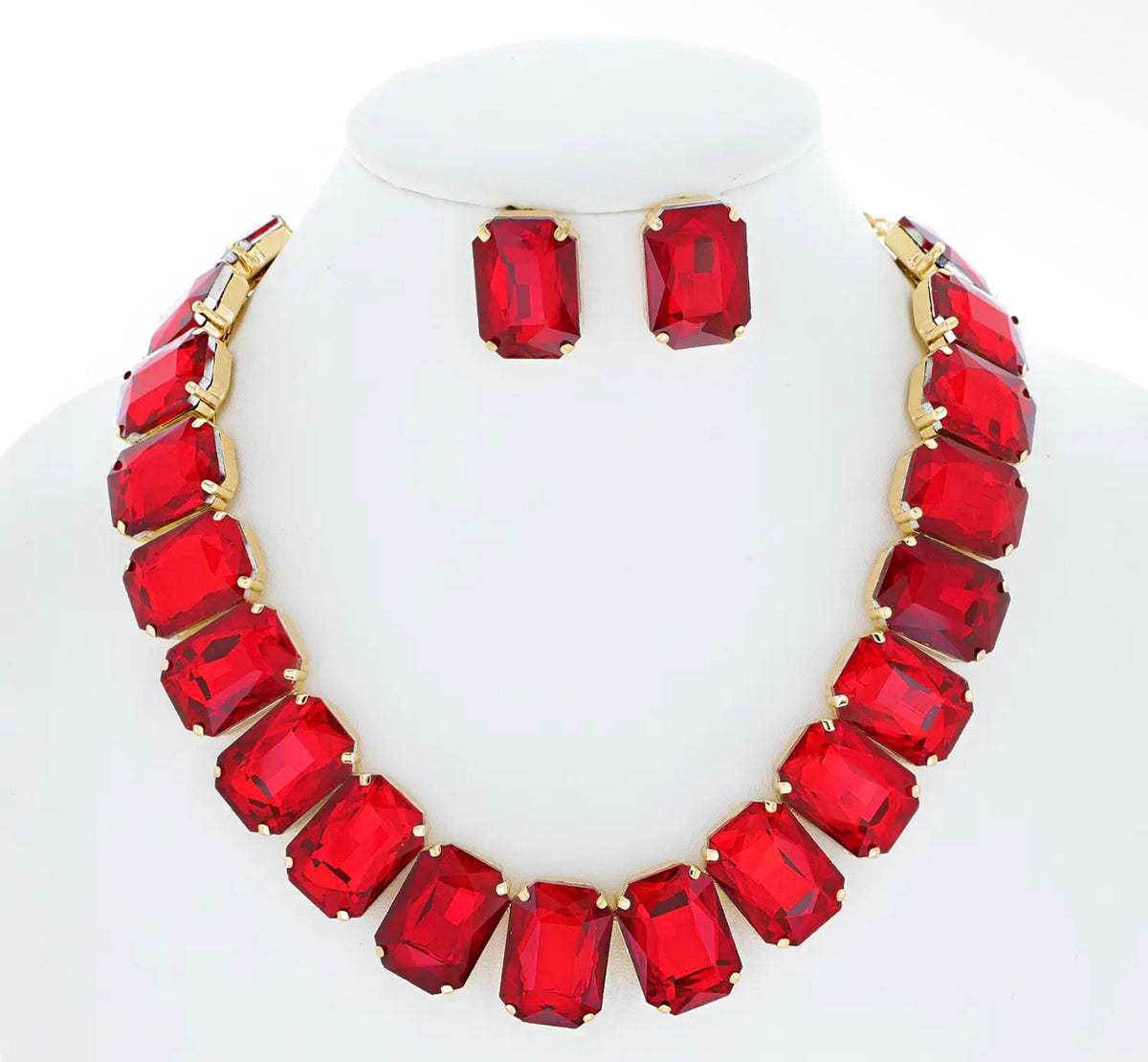 Crystal Octagon Cut Collar Red Necklace Set