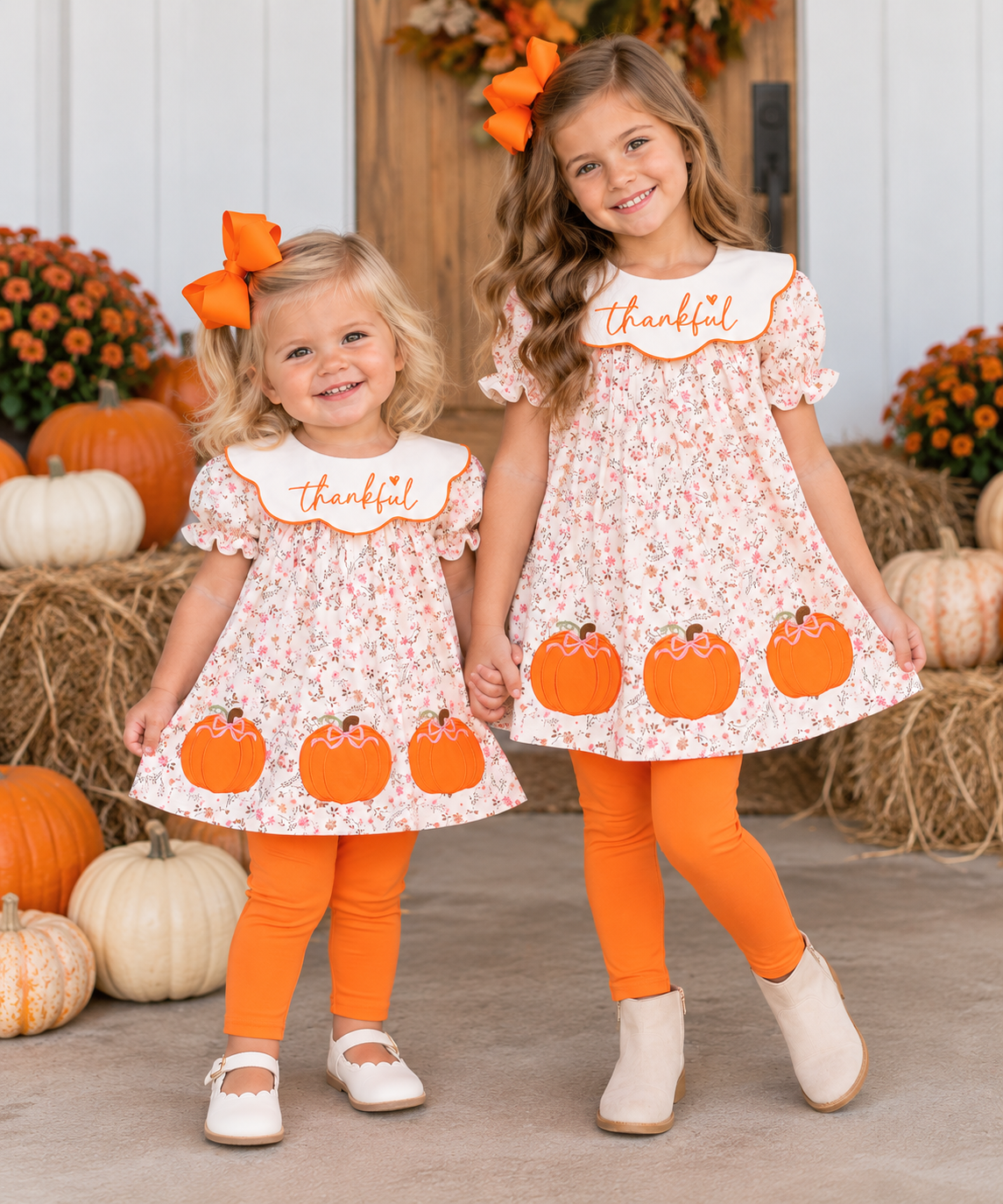 Thankful Pumpkin Embroidered Pants Set
