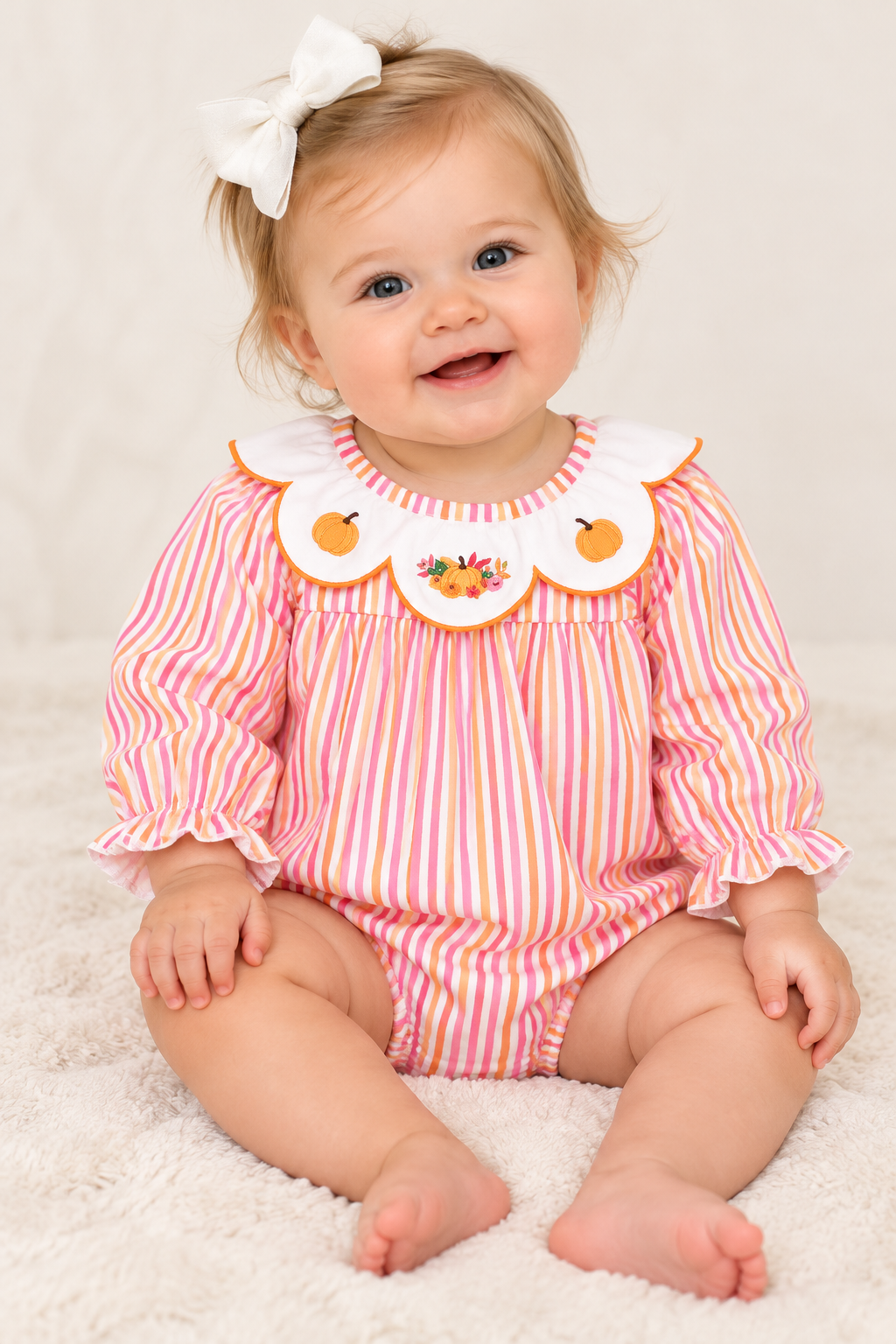 Autumn Stripe Pumpkin Scalloped Collar Bubble Romper