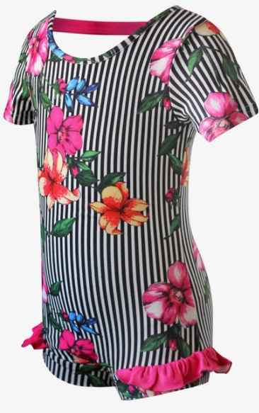 Leo Luvs B & W Stripe Hot Pink Floral Leotard