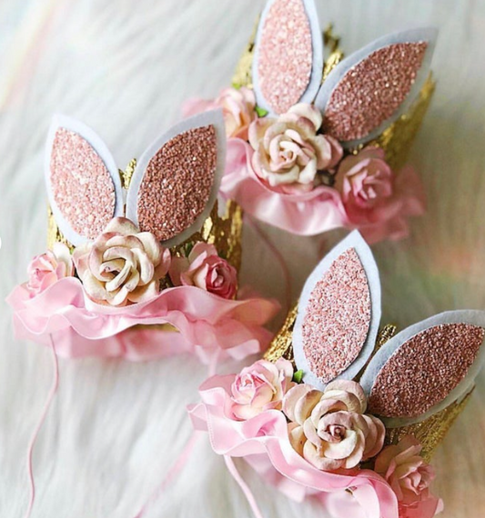 Love Crush Crowns Bunny Ears flower lace crown headband with pink sparkly ears + satin ruffle