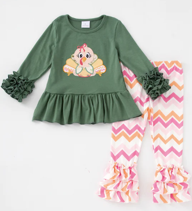 Green Turkey Ruffle Pants Set