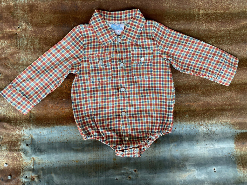 Shea Baby Plaid Orange/Aqua Long Sleeve Pearl Snap Onesie