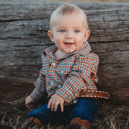 Shea Baby Plaid Orange/Aqua Long Sleeve Pearl Snap Onesie