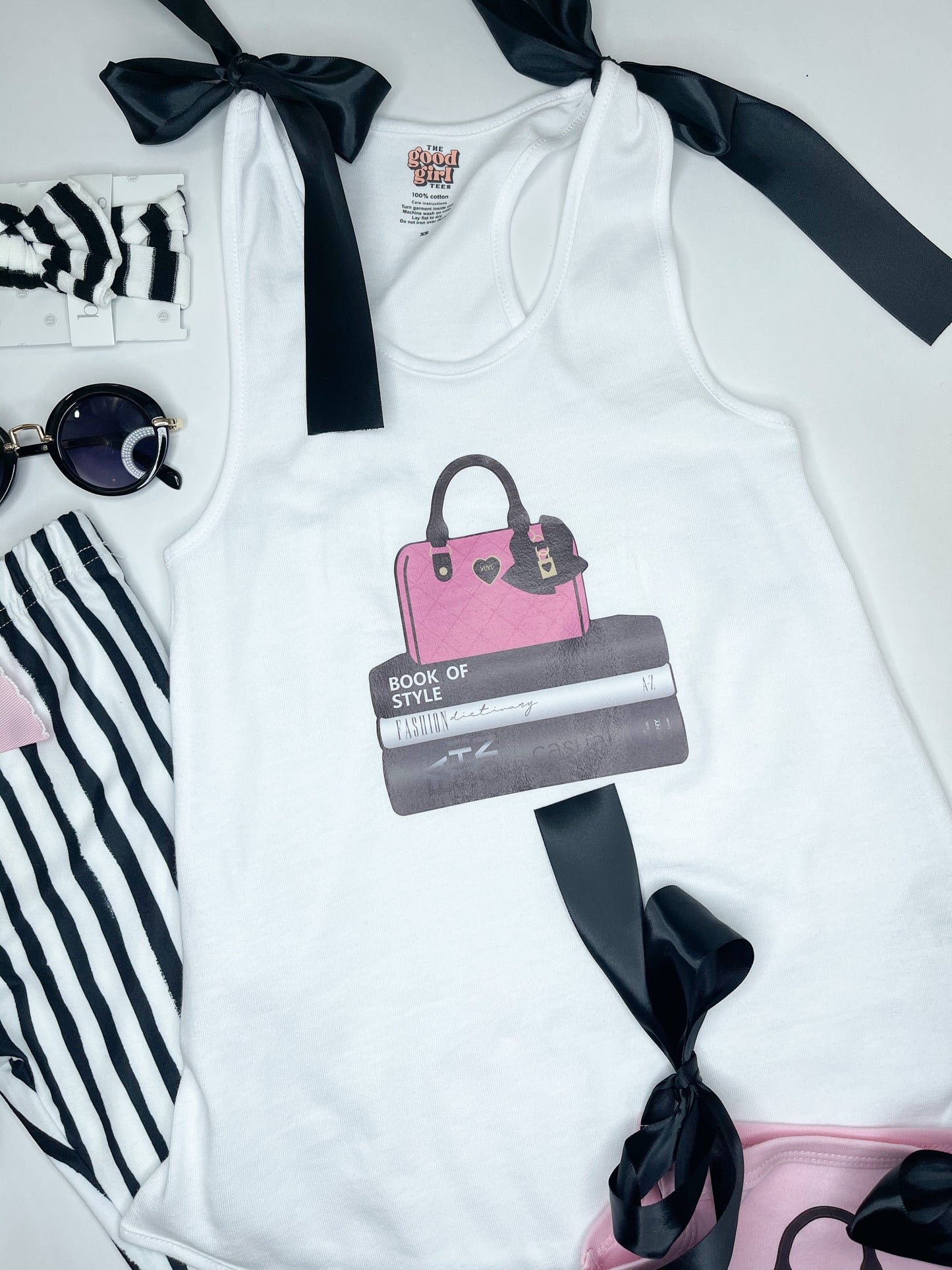 The Good Girls Tees White Book of Style Tank W/Black Ribbon