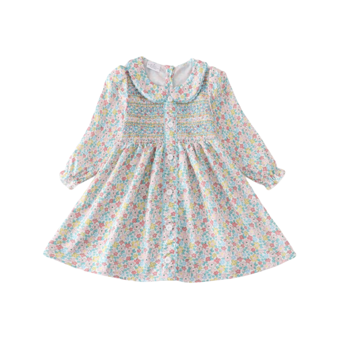 Green Floral Smocked Button Down Dress