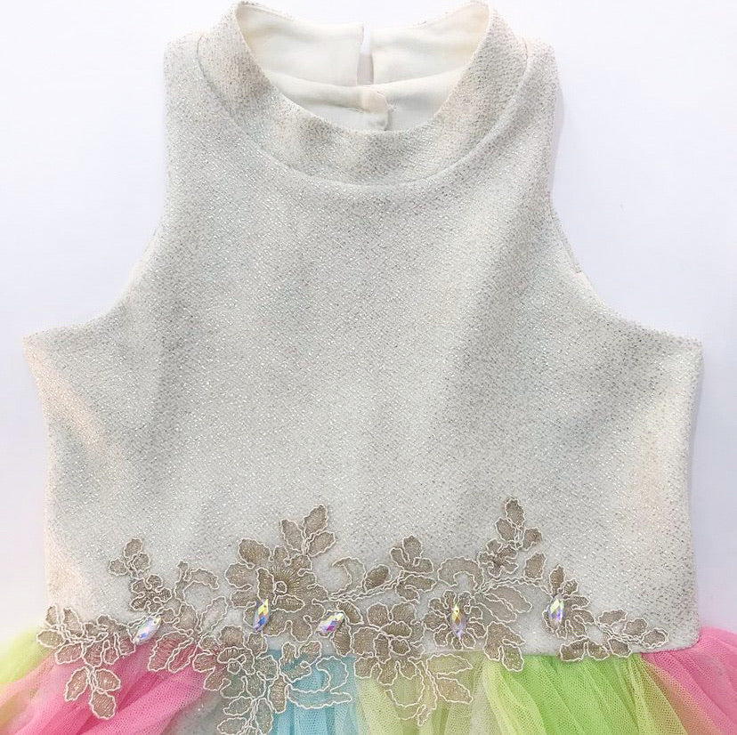 Bonnie Jean Gold Foiled Romper with Colorful Tulle