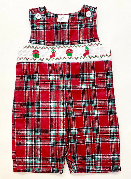 'Stockings & Gifts' Smocked Plaid Romper