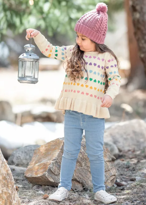 RuffleButts 'Rainbow Hearts' Cream Ruffle Sweater