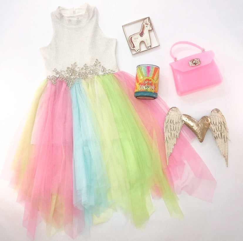 Bonnie Jean Gold Foiled Romper with Colorful Tulle