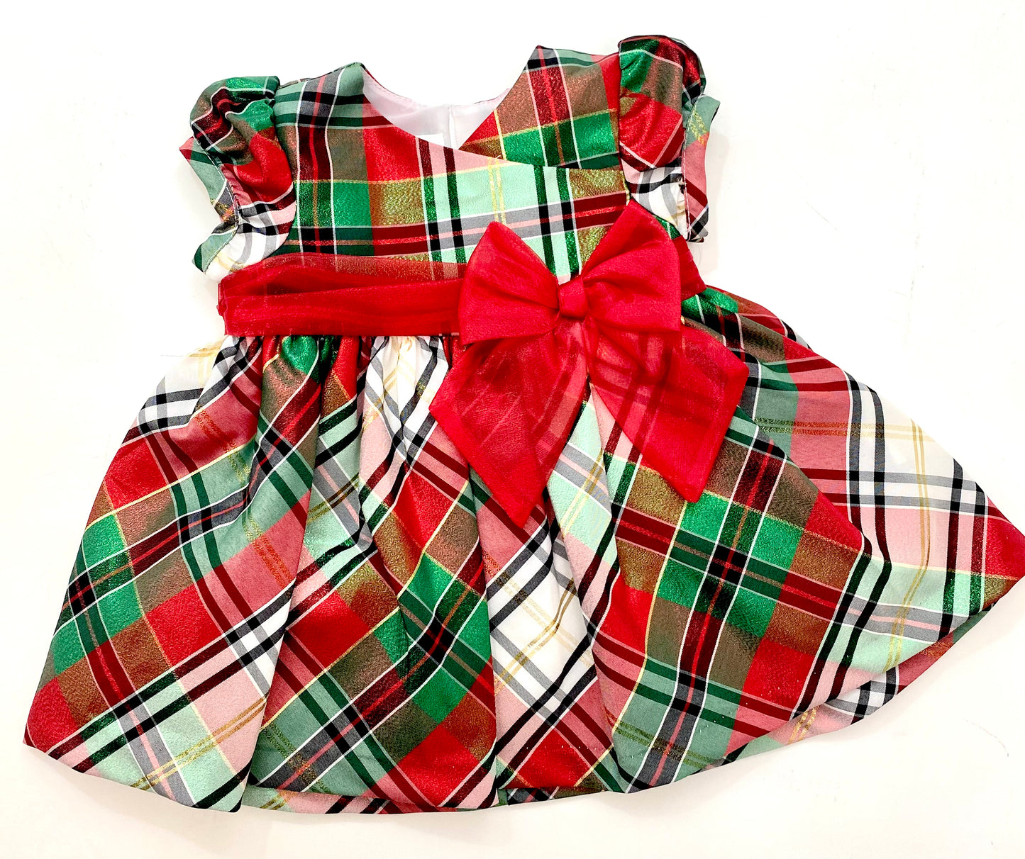 Bonnie Jean Plaid Christmas Dress w/ Organza Sash Bow