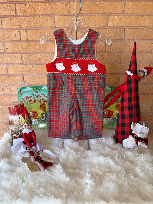 “Santa” Plaid Smocked Overalls