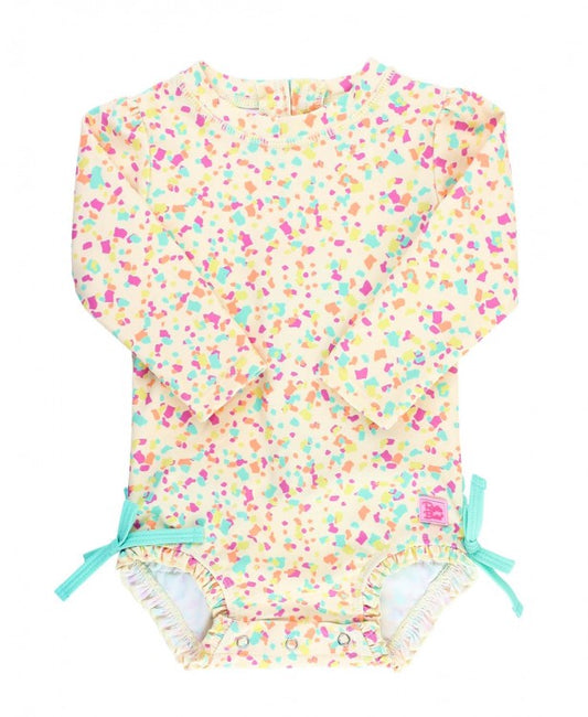 RuffleButts 'Confetti Beach' UPF50+ LS Swim Suit